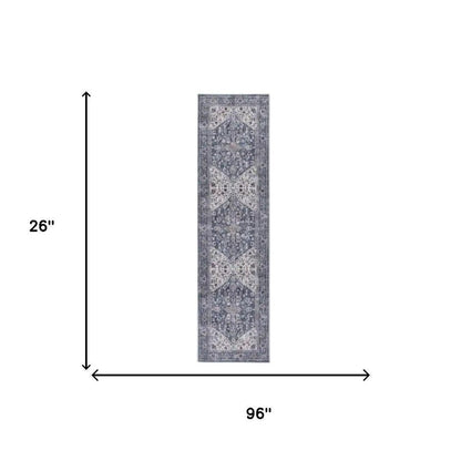 8' Blue and Ivory Floral Power Loom Distressed Washable Runner Rug