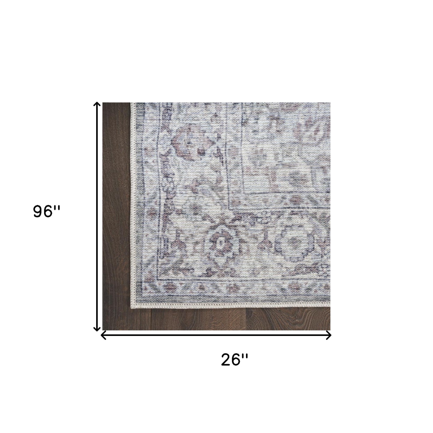 8' Gray and Ivory Floral Power Loom Distressed Washable Runner Rug