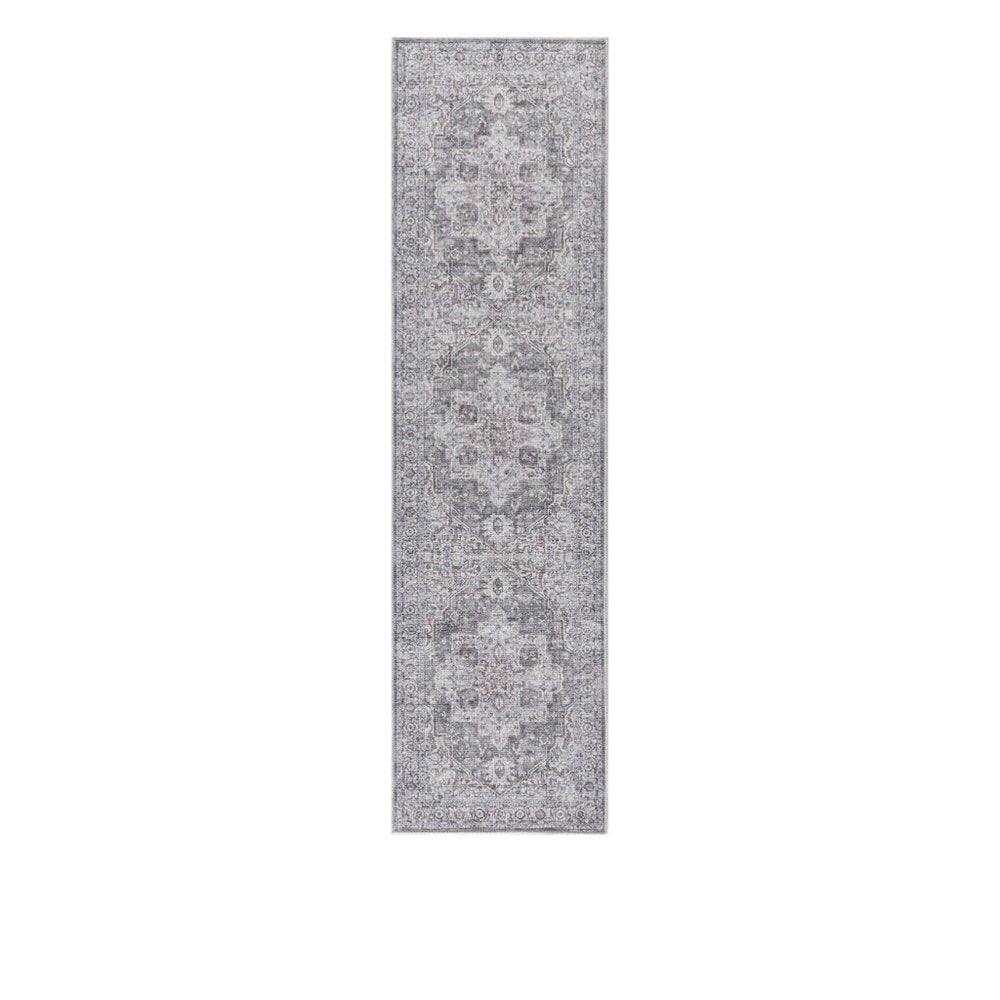 8' Gray and Ivory Floral Power Loom Distressed Washable Runner Rug