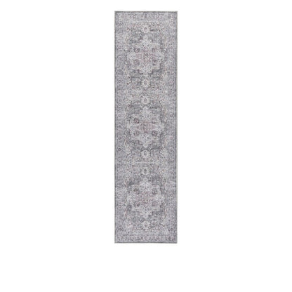 8' Gray and Ivory Floral Power Loom Distressed Washable Runner Rug