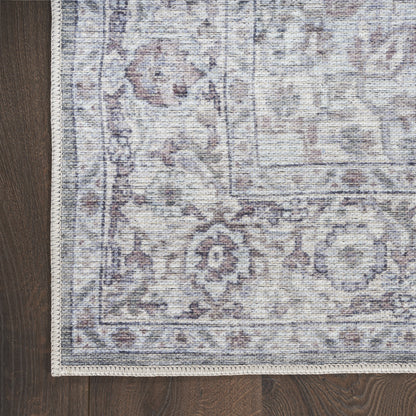 8' Gray and Ivory Floral Power Loom Distressed Washable Runner Rug