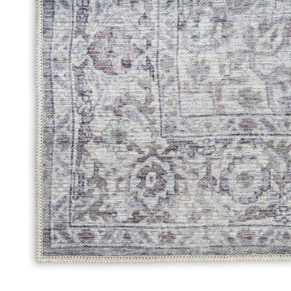 8' Gray and Ivory Floral Power Loom Distressed Washable Runner Rug
