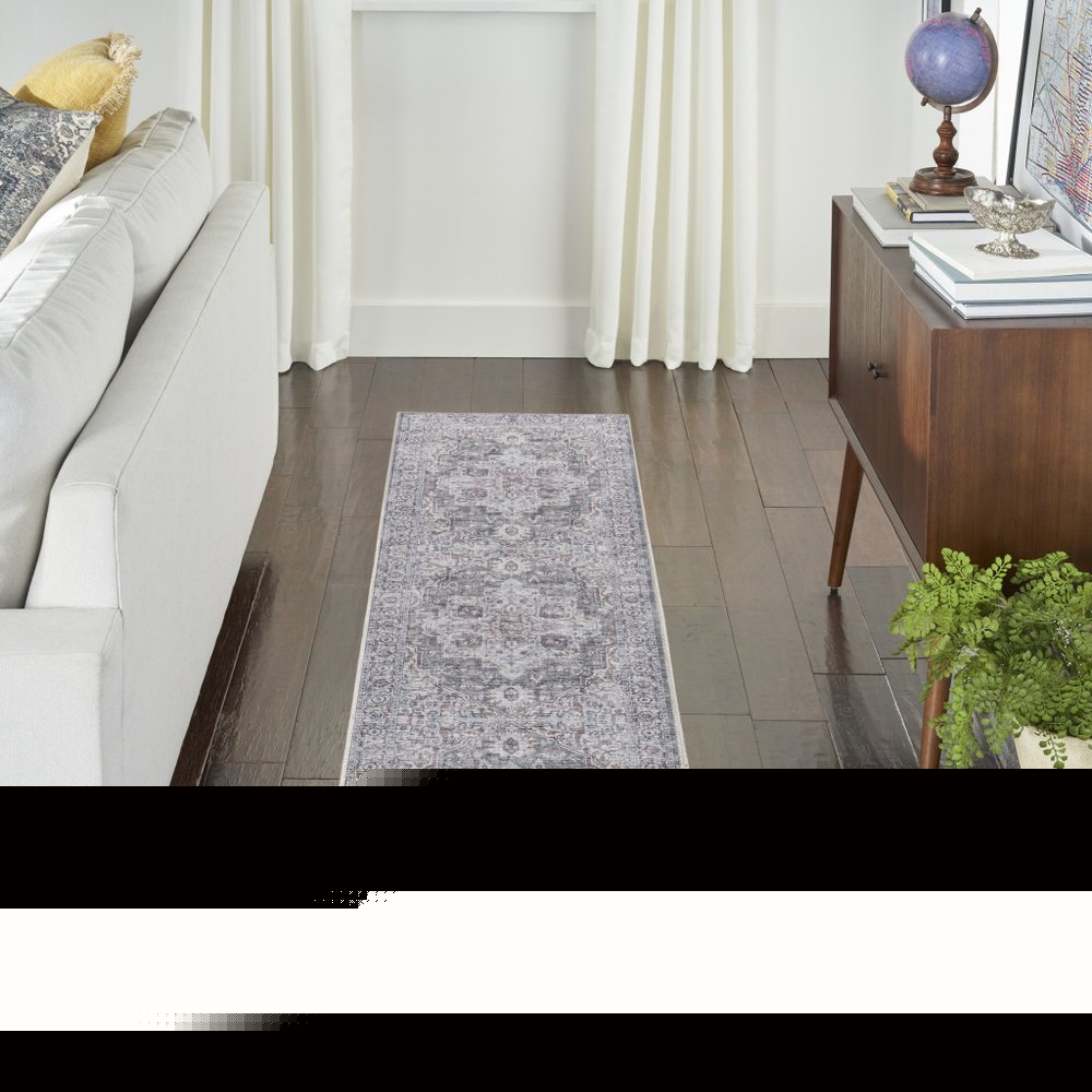 8' Gray and Ivory Floral Power Loom Distressed Washable Runner Rug