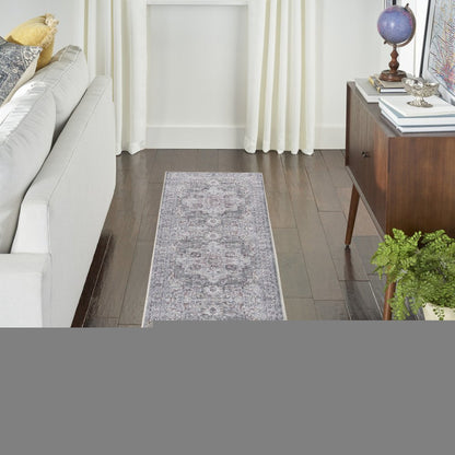 8' Gray and Ivory Floral Power Loom Distressed Washable Runner Rug