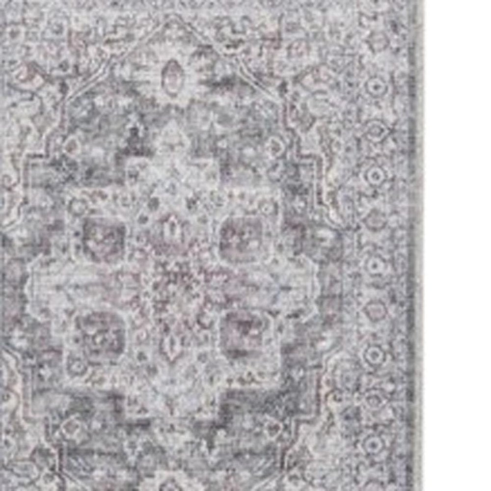 8' Gray and Ivory Floral Power Loom Distressed Washable Runner Rug