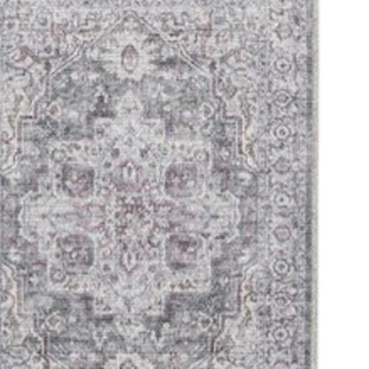 8' Gray and Ivory Floral Power Loom Distressed Washable Runner Rug