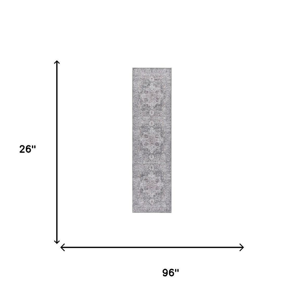 8' Gray and Ivory Floral Power Loom Distressed Washable Runner Rug