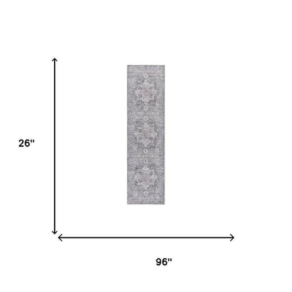 8' Gray and Ivory Floral Power Loom Distressed Washable Runner Rug