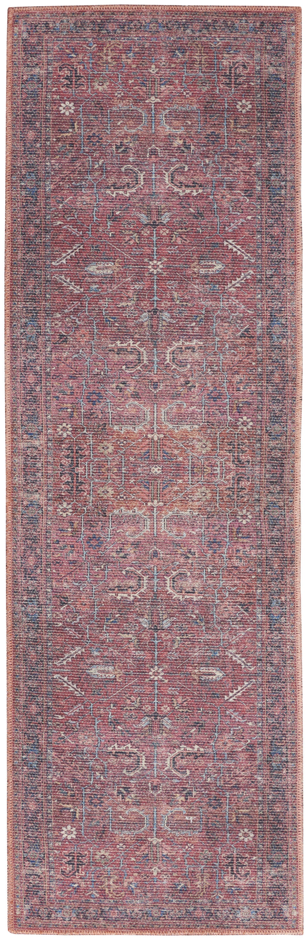 8' Blue and Red Floral Power Loom Distressed Washable Runner Rug