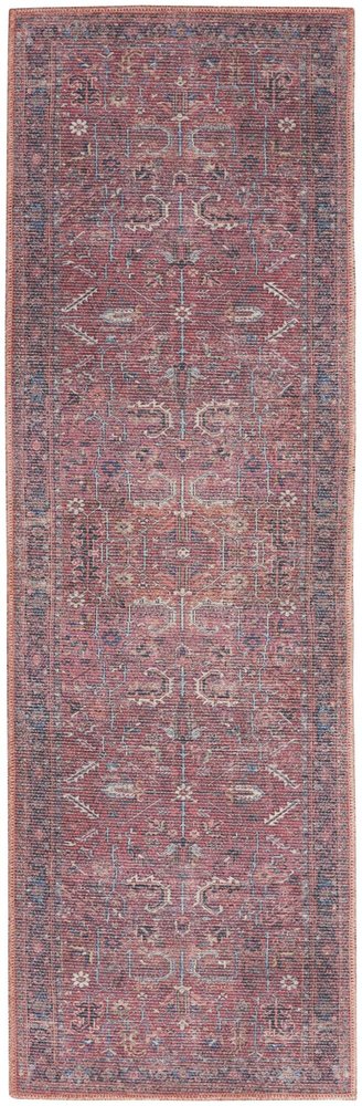 8' Blue and Red Floral Power Loom Distressed Washable Runner Rug
