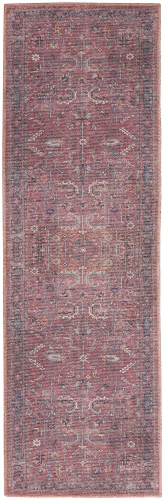 8' Blue and Red Floral Power Loom Distressed Washable Runner Rug