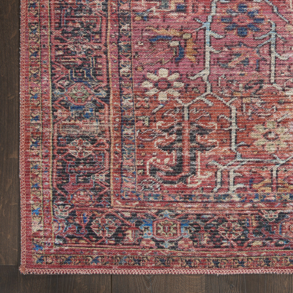 8' Blue and Red Floral Power Loom Distressed Washable Runner Rug