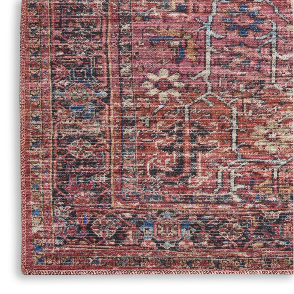 8' Blue and Red Floral Power Loom Distressed Washable Runner Rug