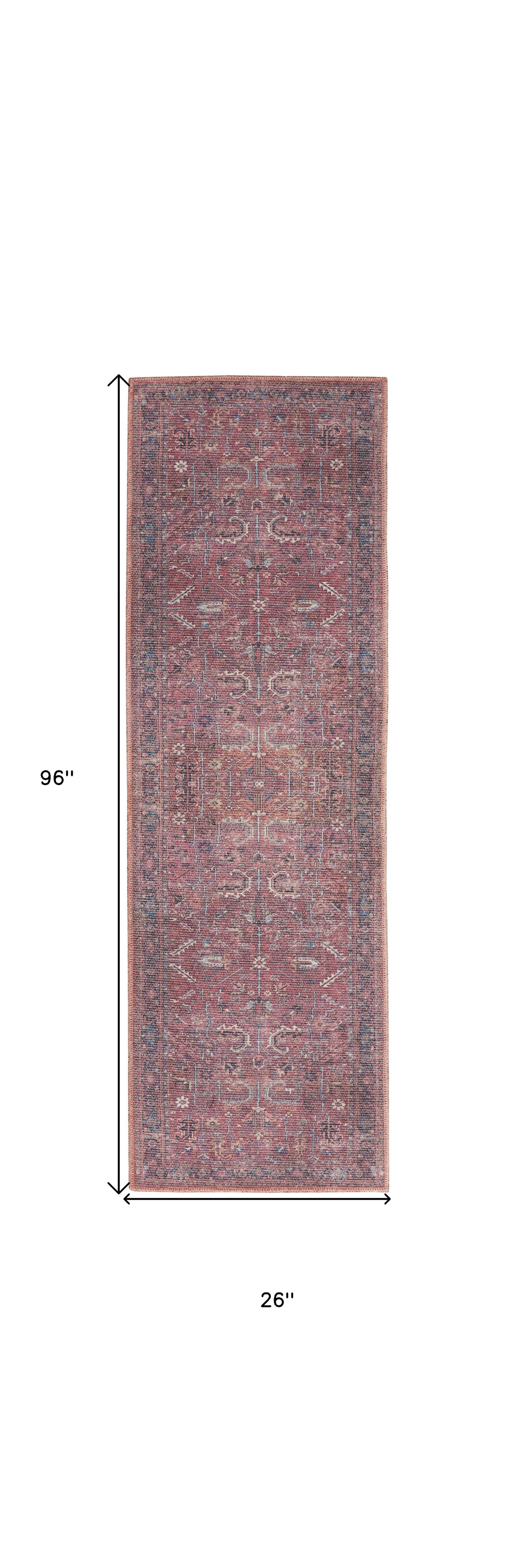 8' Blue and Red Floral Power Loom Distressed Washable Runner Rug