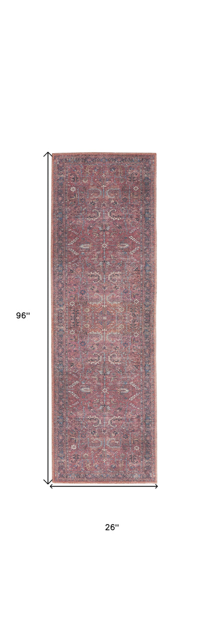 8' Blue and Red Floral Power Loom Distressed Washable Runner Rug