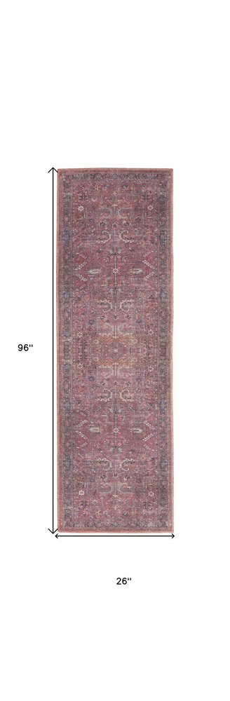 8' Blue and Red Floral Power Loom Distressed Washable Runner Rug