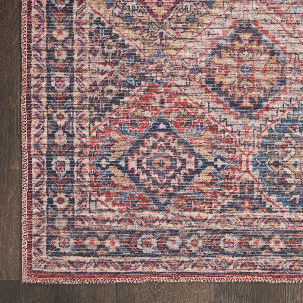 8' X 10' Blue and Red Floral Power Loom Distressed Washable Area Rug