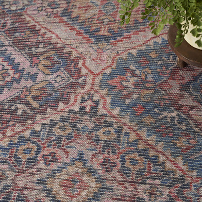 8' X 10' Blue and Red Floral Power Loom Distressed Washable Area Rug