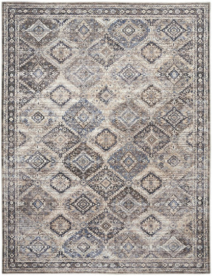 9' X 12' Ivory and Tan Floral Power Loom Distressed Washable Area Rug