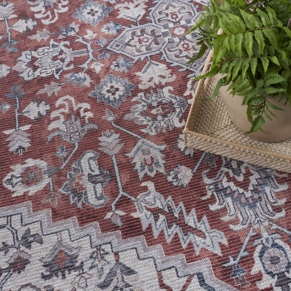 9' X 12' Red and Ivory Floral Power Loom Distressed Washable Area Rug