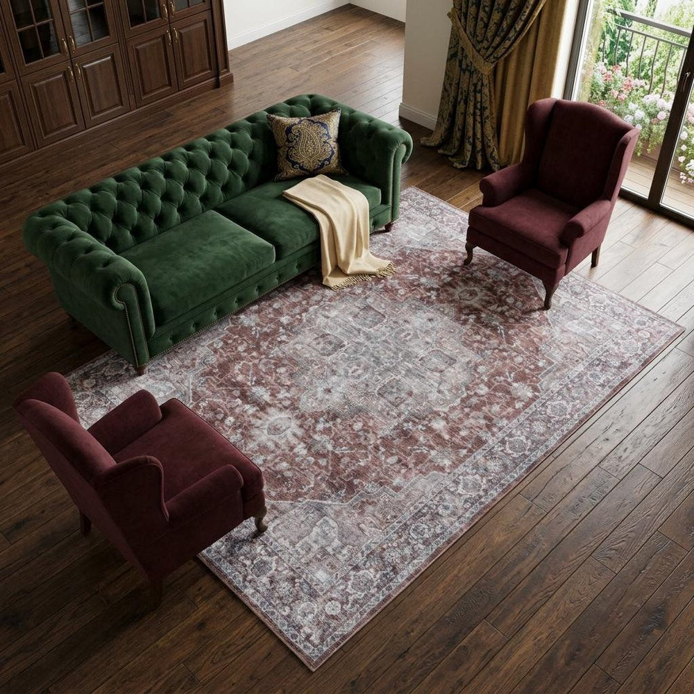 9' X 12' Red and Ivory Floral Power Loom Distressed Washable Area Rug