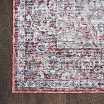 9' X 12' Red and Ivory Floral Power Loom Distressed Washable Area Rug