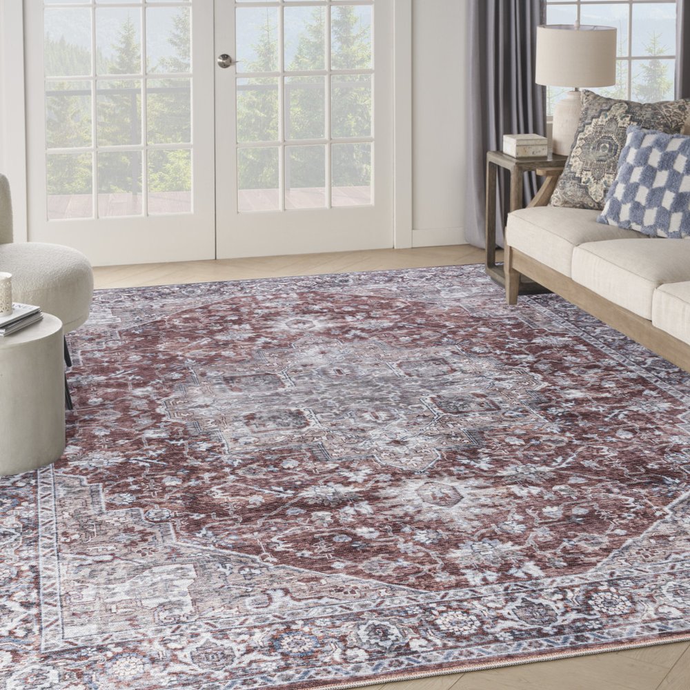 9' X 12' Red and Ivory Floral Power Loom Distressed Washable Area Rug