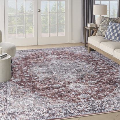 9' X 12' Red and Ivory Floral Power Loom Distressed Washable Area Rug