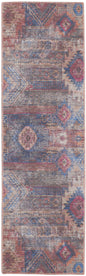 10' Blue and Red Geometric Power Loom Distressed Washable Runner Rug