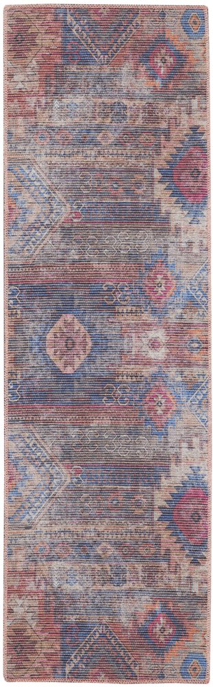 10' Blue and Red Geometric Power Loom Distressed Washable Runner Rug