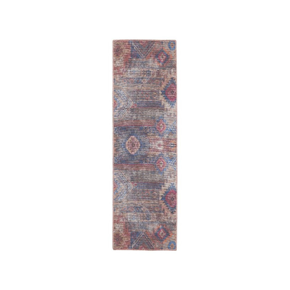 10' Blue and Red Geometric Power Loom Distressed Washable Runner Rug