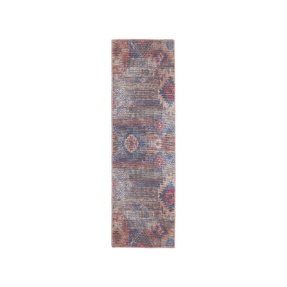 10' Blue and Red Geometric Power Loom Distressed Washable Runner Rug