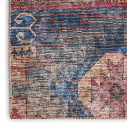 10' Blue and Red Geometric Power Loom Distressed Washable Runner Rug