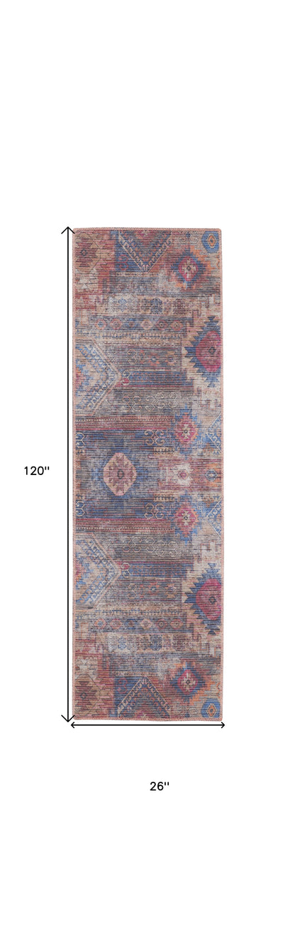 10' Blue and Red Geometric Power Loom Distressed Washable Runner Rug