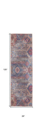 10' Blue and Red Geometric Power Loom Distressed Washable Runner Rug