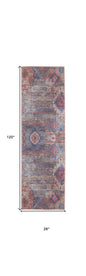 10' Blue and Red Geometric Power Loom Distressed Washable Runner Rug