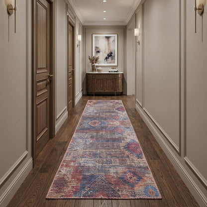 10' Blue and Red Geometric Power Loom Distressed Washable Runner Rug
