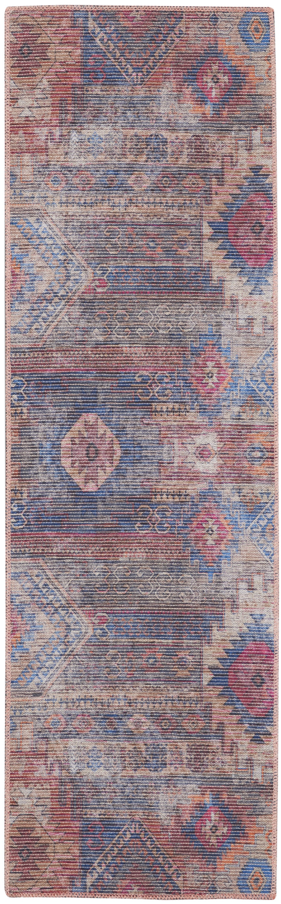 8' Blue and Red Geometric Power Loom Distressed Washable Runner Rug