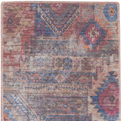 8' Blue and Red Geometric Power Loom Distressed Washable Runner Rug
