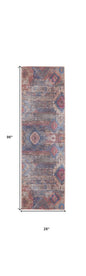 8' Blue and Red Geometric Power Loom Distressed Washable Runner Rug
