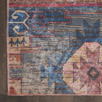 8' X 10' Blue and Red Geometric Power Loom Distressed Washable Area Rug