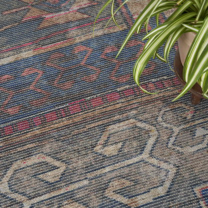 8' X 10' Blue and Red Geometric Power Loom Distressed Washable Area Rug