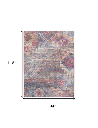 8' X 10' Blue and Red Geometric Power Loom Distressed Washable Area Rug