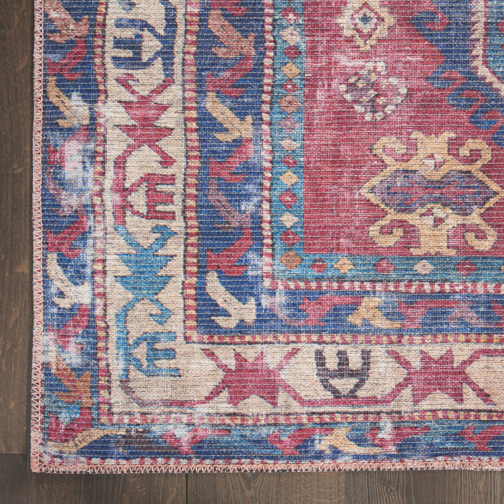 8' X 10' Blue and Red Geometric Power Loom Distressed Washable Area Rug