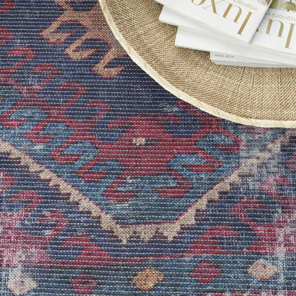 8' X 10' Blue and Red Geometric Power Loom Distressed Washable Area Rug