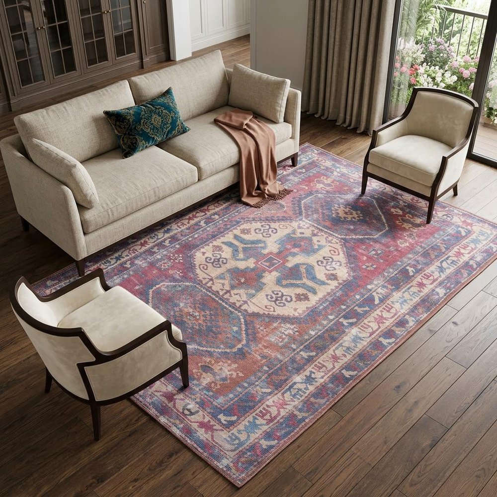 9' X 12' Blue and Red Geometric Power Loom Distressed Washable Area Rug