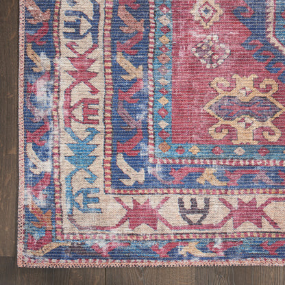 9' X 12' Blue and Red Geometric Power Loom Distressed Washable Area Rug