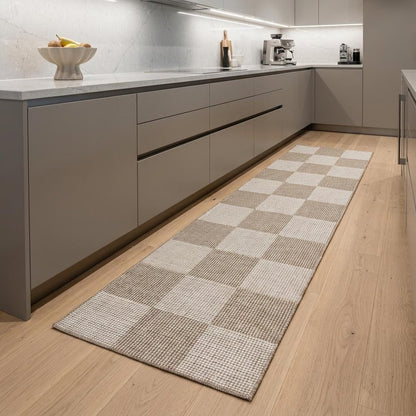 8' Natural and Ivory Geometric Power Loom Washable Non Skid Runner Rug