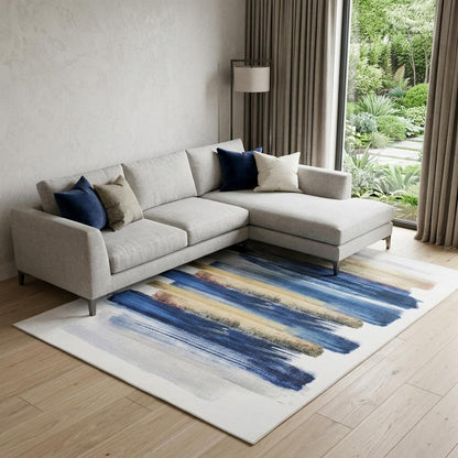8' X 10' Ivory and Blue Abstract Power Loom Washable Non Skid Area Rug