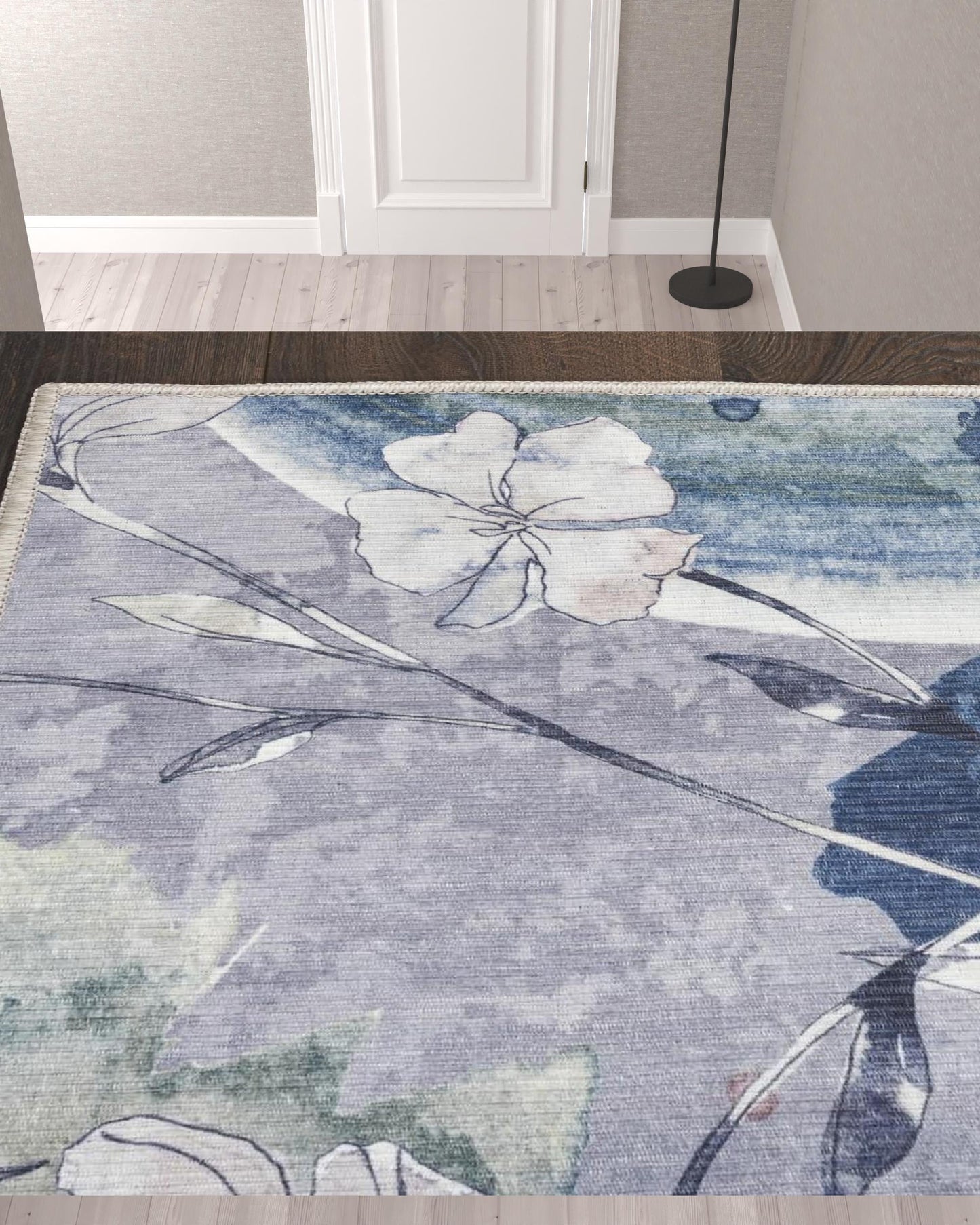 10' Ivory Blue and Gray Floral Power Loom Washable Non Skid Runner Rug